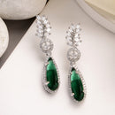 Rhodium Plated Pear Green American Diamond Contemporary Long Drop Earrings