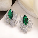 Rhodium Plated Floral Design with Green & White American Diamond Stud Earrings