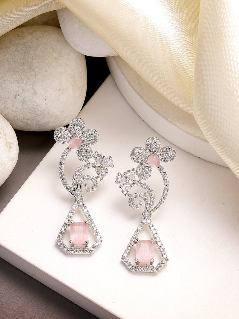 Rhodium Plated with Stylish Flower Design Pink & White American Diamond Small Drop Earrings