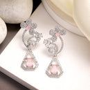 Rhodium Plated Geometric Floral Pink American Diamond Contemporary Long Drop Earrings