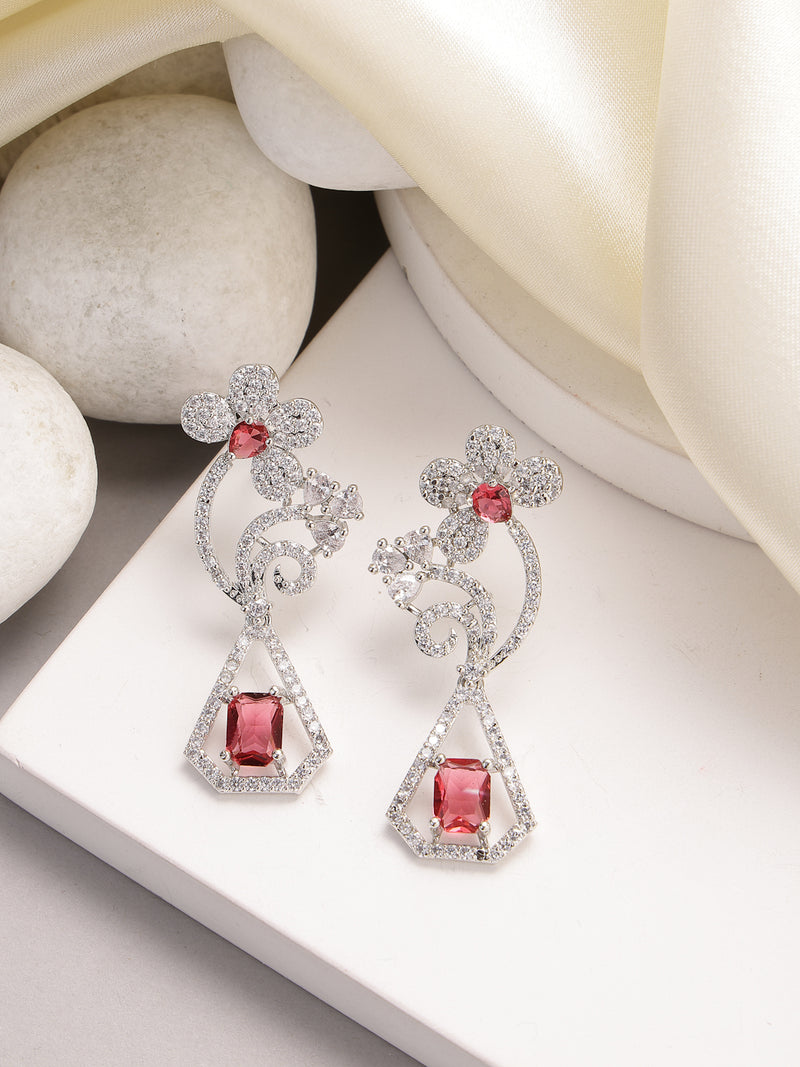 Rhodium Plated with Stylish Flower Design Red & White American Diamond Small Drop Earrings