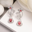 Rhodium Plated with Stylish Flower Design Red & White American Diamond Small Drop Earrings