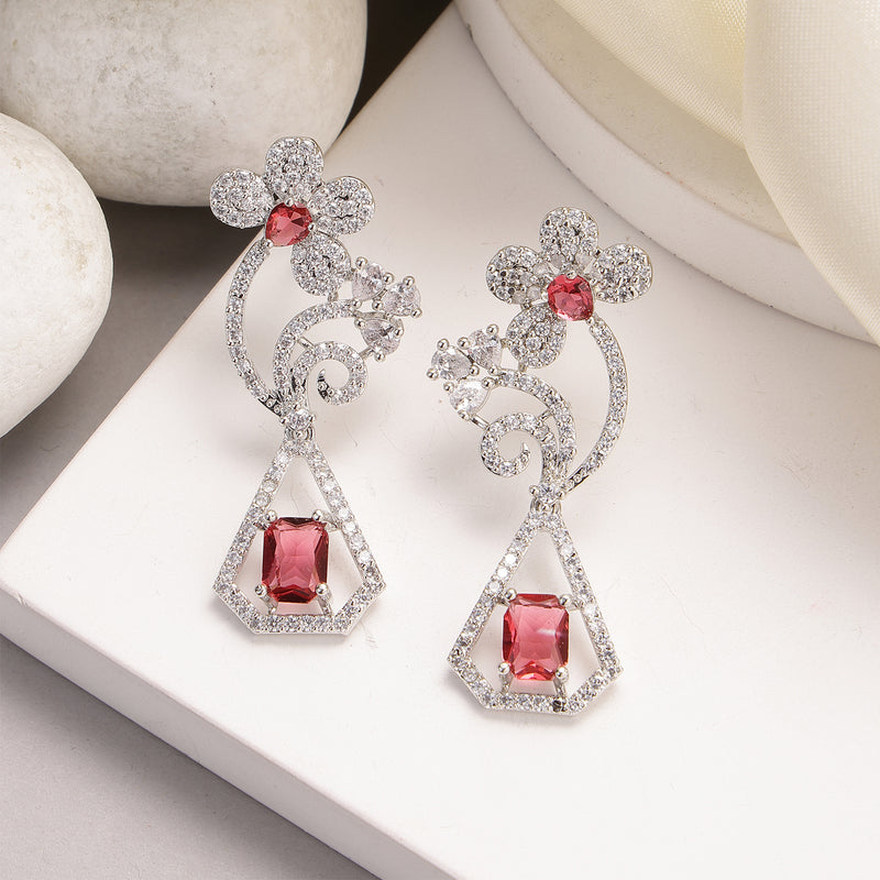 Rhodium Plated with Stylish Flower Design Red & White American Diamond Small Drop Earrings