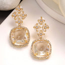 Gold Plated Cushion Cut White American Diamond Contemporary Long Drop Earrings