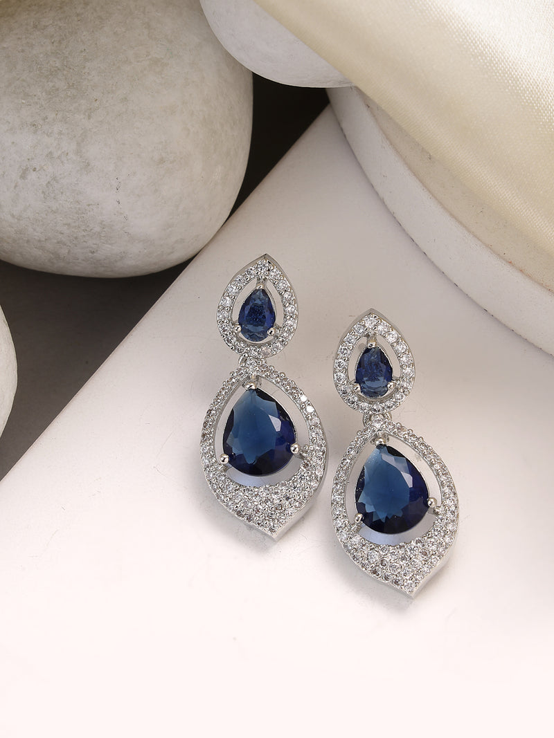 Rhodium Plated with Blue American Diamond Dual Teardrop Design Drop Earrings