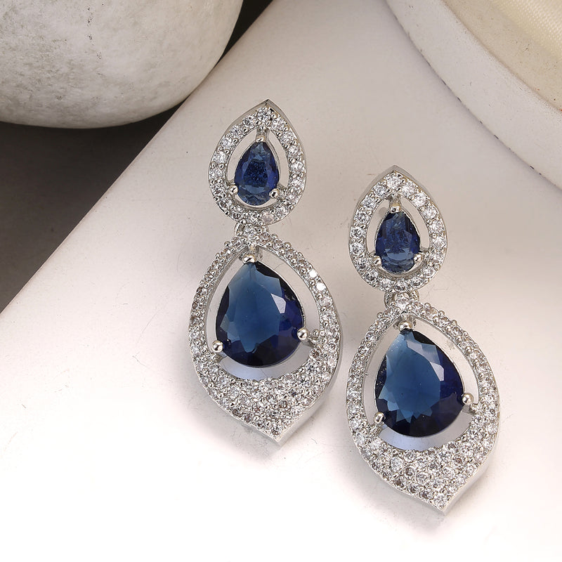 Rhodium Plated Silver Toned Blue Teardrop American Diamond Studded  Drop Earrings