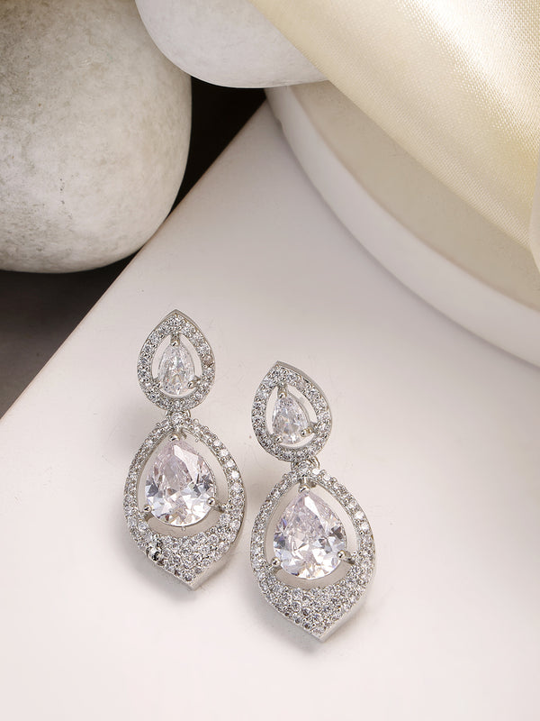 Rhodium Plated with White American Diamond Dual Teardrop Design Drop Earrings