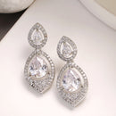 Rhodium Plated with White American Diamond Dual Teardrop Design Drop Earrings