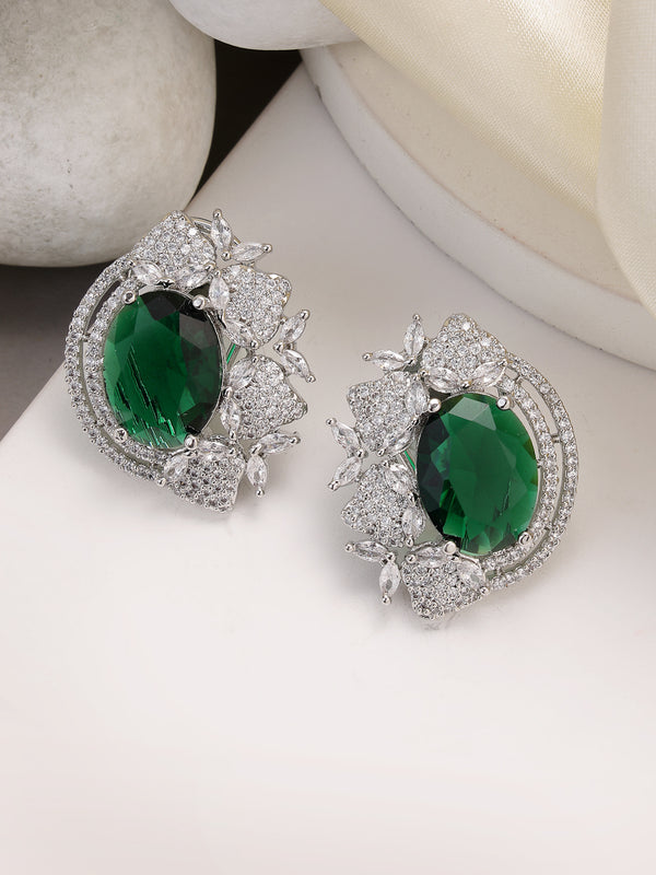 Rhodium Plated Floral Design with Green & White American Diamond Stud Earrings