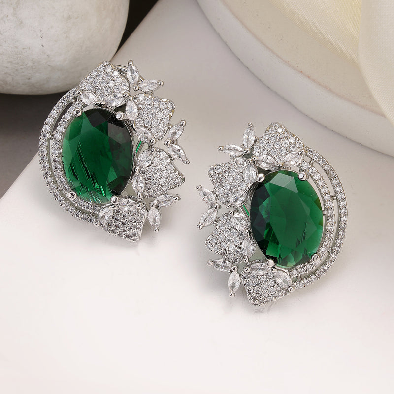 Rhodium Plated Floral Design with Green & White American Diamond Stud Earrings