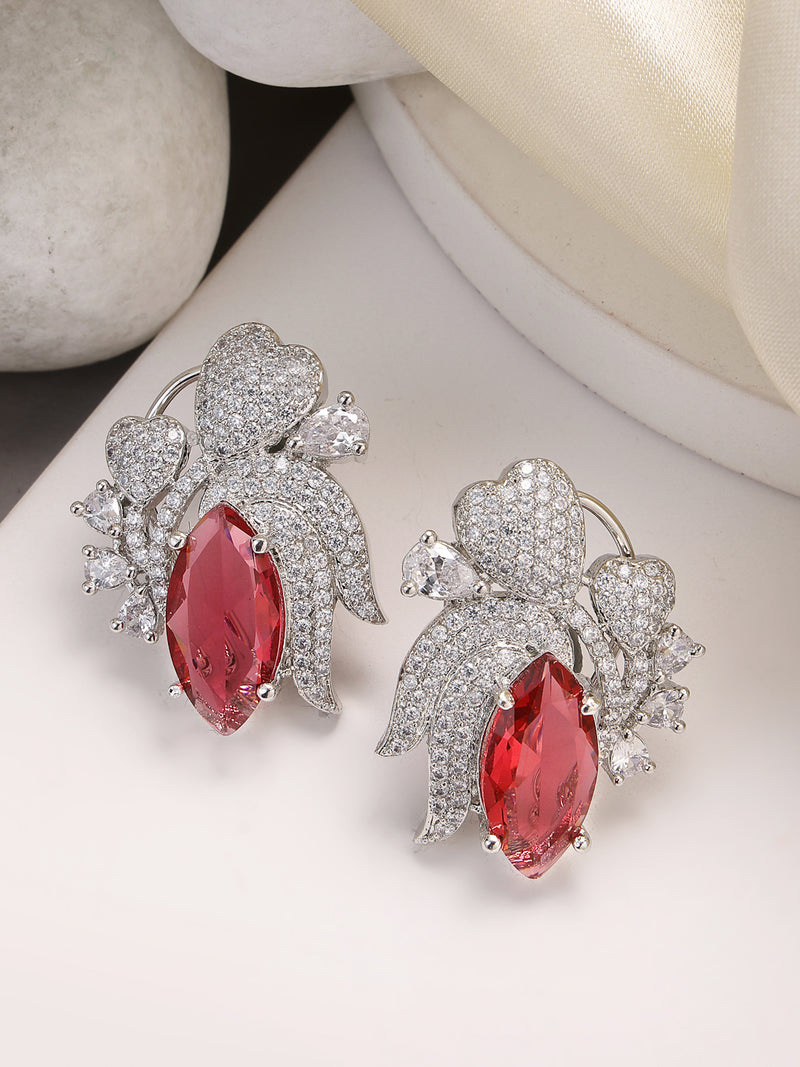 Rhodium Plated Floral Design with Red & White American Diamond Stud Earrings