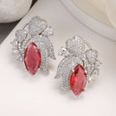Rhodium Plated Floral Design with Red & White American Diamond Stud Earrings