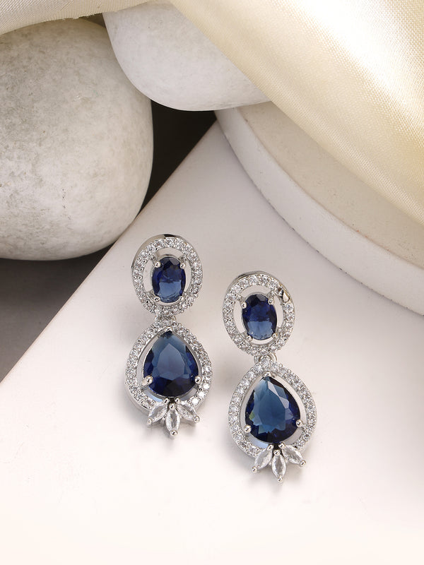 Rhodium Plated with Blue & White American Diamond Small Drop Earrings