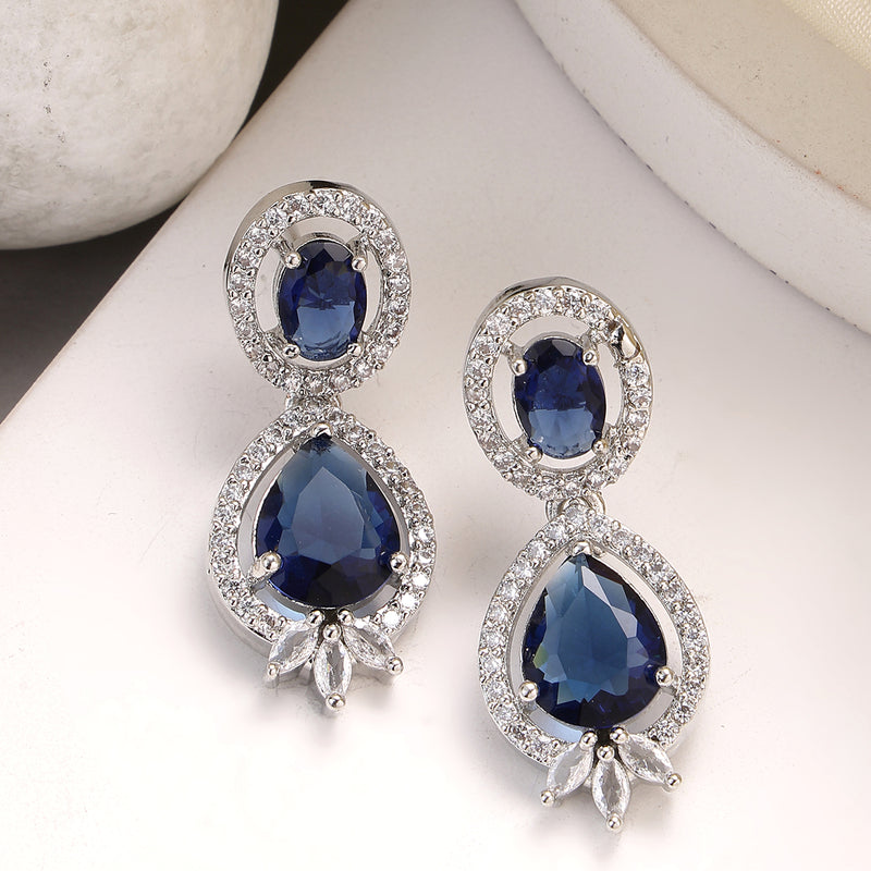 Rhodium Plated with Blue & White American Diamond Small Drop Earrings