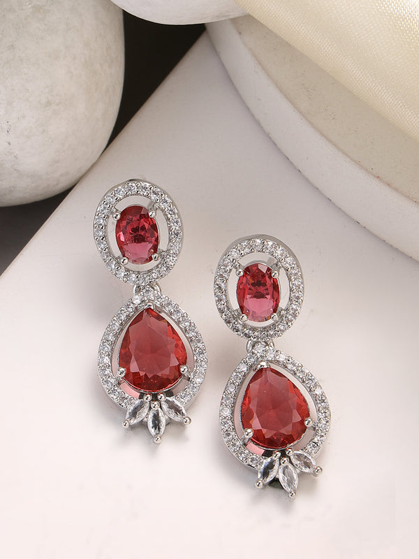 Rhodium Plated with Red & White American Diamond Small Drop Earrings