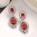 Rhodium Plated with Red & White American Diamond Small Drop Earrings