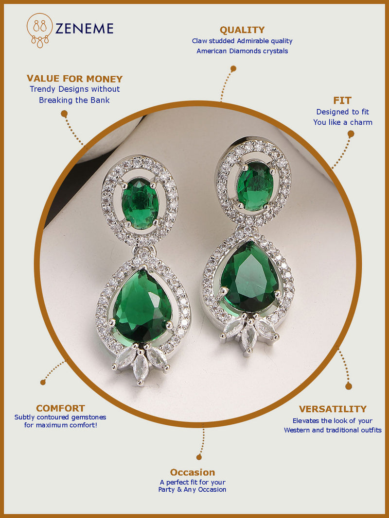 Rhodium Plated with Green & White American Diamond Small Drop Earrings