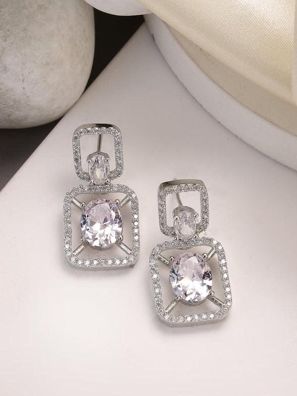 Rhodium Plated with White American Diamond Stylish Square Shaped Small Drop Earrings