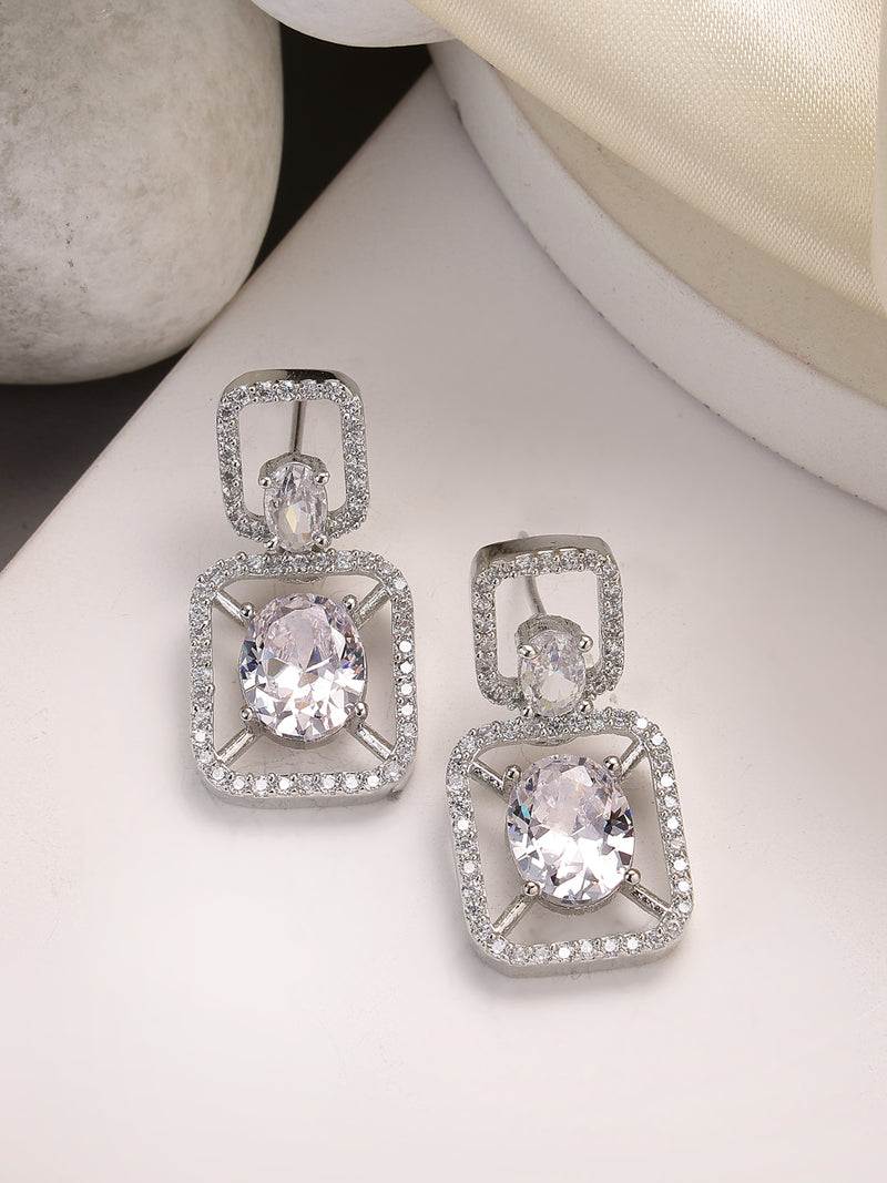 Rhodium Plated with White American Diamond Stylish Square Shaped Small Drop Earrings