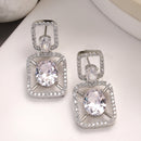 Rhodium Plated with White American Diamond Stylish Square Shaped Small Drop Earrings