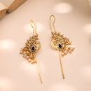 Gold Plated Antique Finish Leaf Motif Peacock Design Black Stone Pearl Drop Ear Cuff
