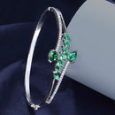 Rhodium Plated Silver Toned Leaf Design Green Teardrop American Diamond Studded Cuff Bracelet
