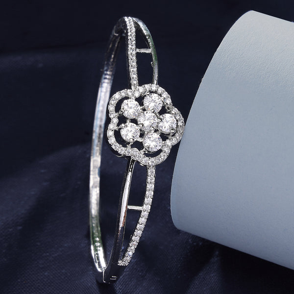Rhodium Plated Silver Toned Floral Cluster Round White AD Studded Cuff Bracelet