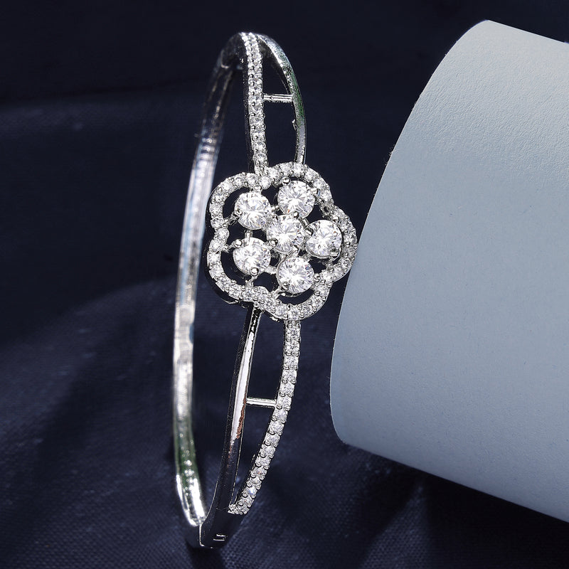 Rhodium Plated Silver Toned Floral Cluster Round White AD Studded Cuff Bracelet