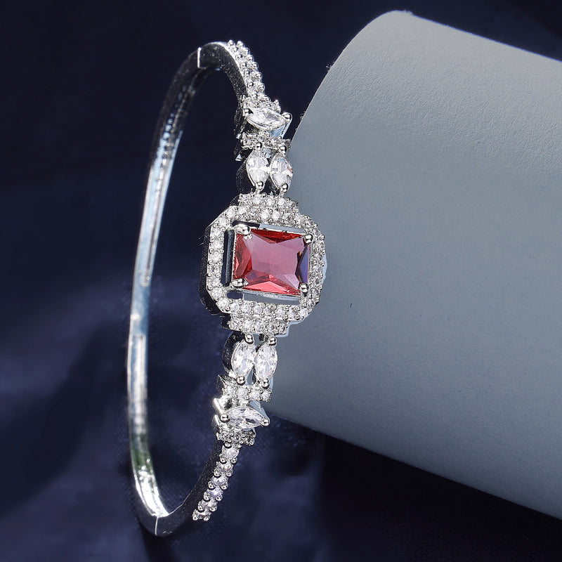 Rhodium Plated Silver Toned Red Rectangle American Diamond Studded Cuff Bracelet