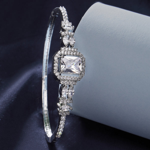 Rhodium Plated Silver Toned White Rectangle American Diamond Studded Cuff Bracelet