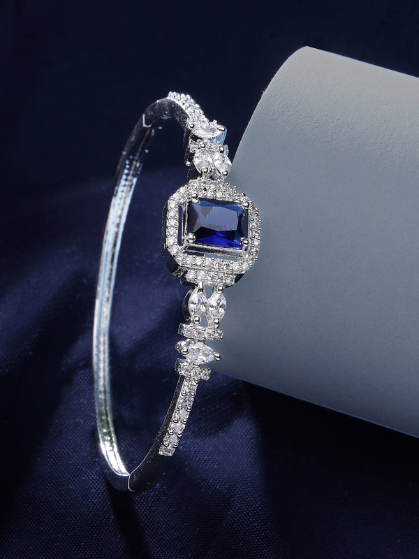 Rhodium Plated Silver Toned Blue Rectangle American Diamond Studded Cuff Bracelet