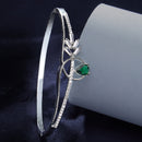 Rhodium Plated Silver Toned Green Teardrop American Diamond Studded Cuff Bracelet