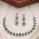 Rhodium Plated Silver Toned Teardrop Shaped Green & White American Diamond Studded Jewellery Set