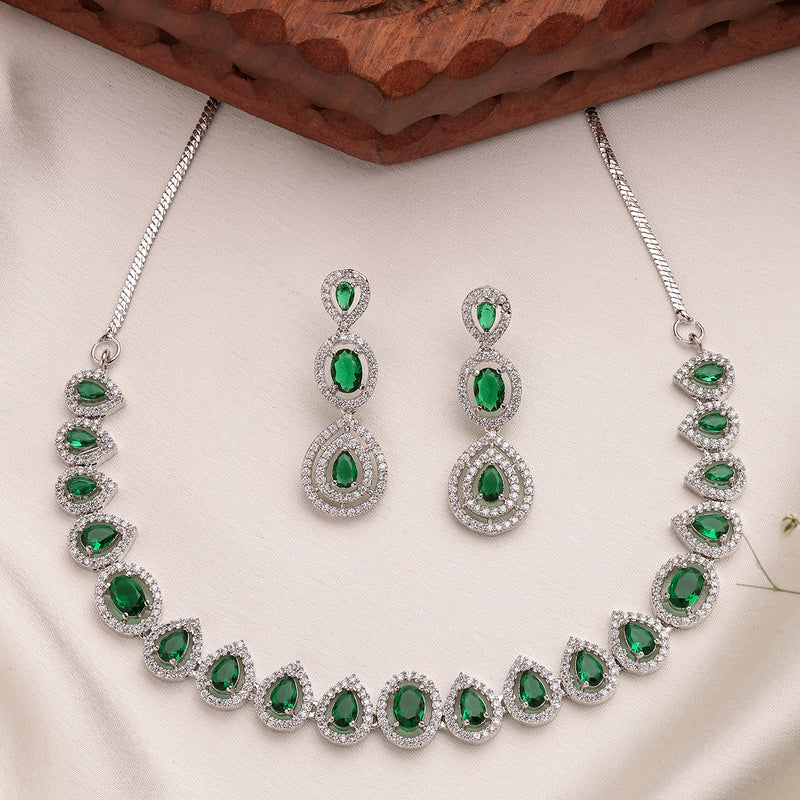 Rhodium Plated Silver Toned Teardrop Shaped Green & White American Diamond Studded Jewellery Set