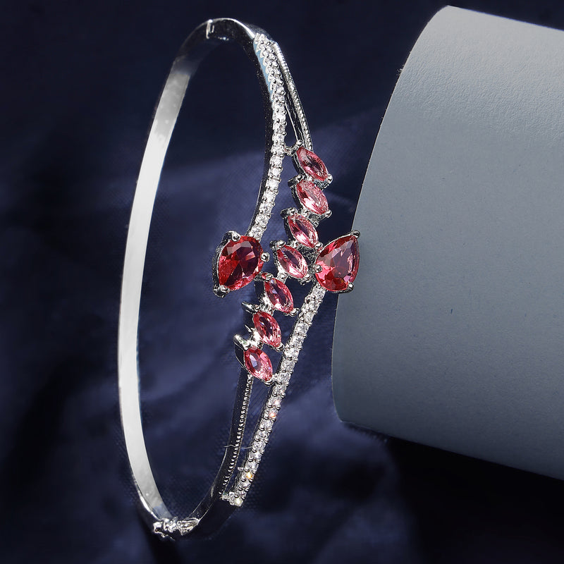 Rhodium Plated Silver Toned  Leaf Design Red Teardrop American Diamond Studded Cuff Bracelet