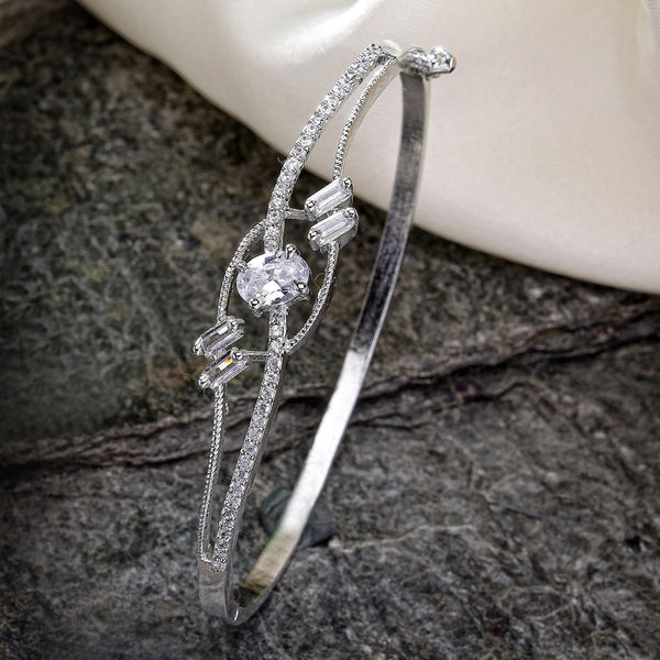 Rhodium Plated Silver Toned White Oval American Diamond Studded Cuff Bracelet