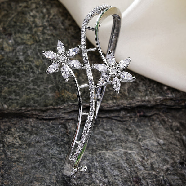 Rhodium Plated Silver Toned Floral Design White American Diamond Studded Cuff Bracelet