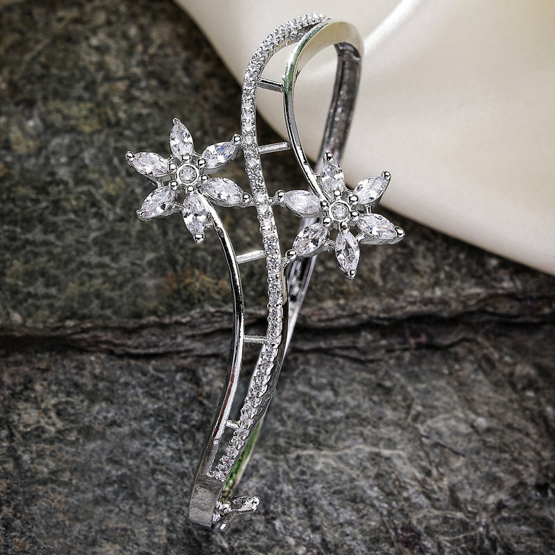 Rhodium Plated Silver Toned Floral Design White American Diamond Studded Cuff Bracelet