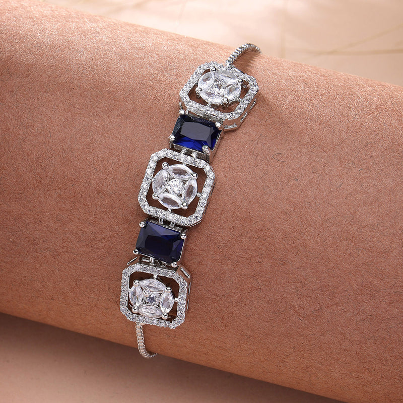 Rhodium Plated Silver Toned White Round & Blue Rectangle American Diamond Wraparound Adjustable Bracelet