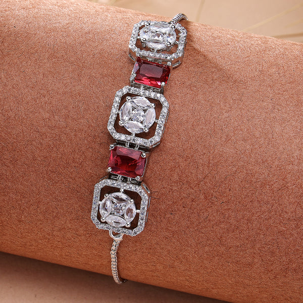 Rhodium Plated Silver Toned White Round & Red Rectangle American Diamond Studded Wraparound Adjustable Bracelet