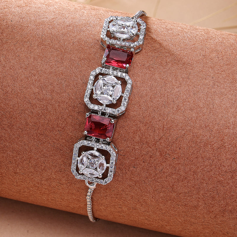 Rhodium Plated Silver Toned White Round & Red Rectangle American Diamond Studded Wraparound Adjustable Bracelet