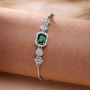 Rhodium Plated Silver Toned Green Square Centerpiece Ad Studded Bracelet With Beads & Floral Accents Wraparound Adjustable Bracelet