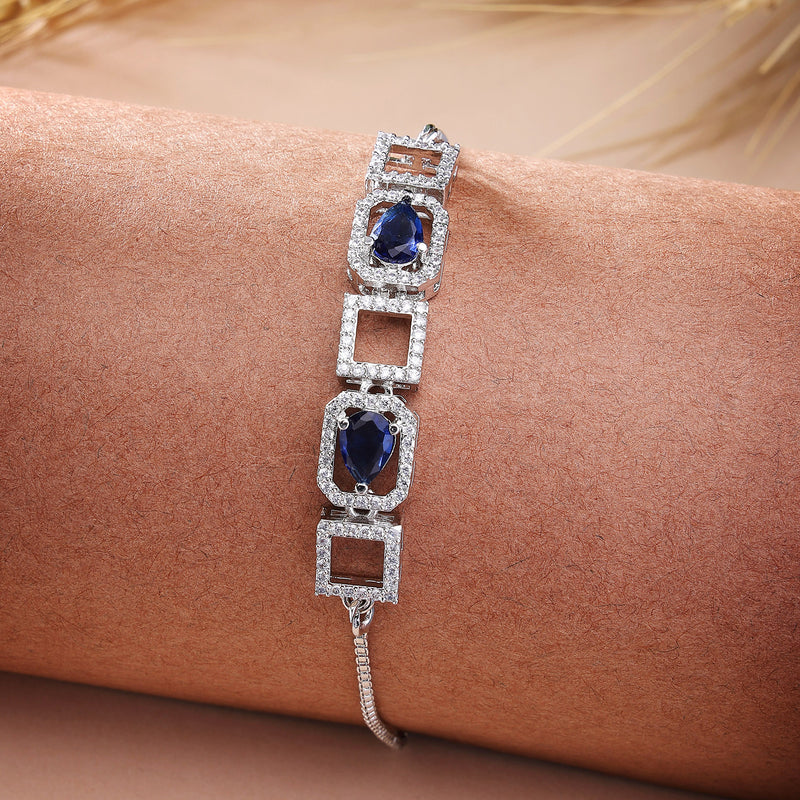Rhodium Plated Silver Toned White Square Cut Blue Teardrop Ad Studded Wraparound Adjustable Bracelet