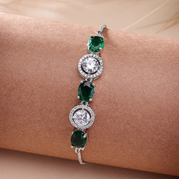 Rhodium Plated Silver Toned White Round & Green Oval AD Studded Wraparound Adjustable Bracelet