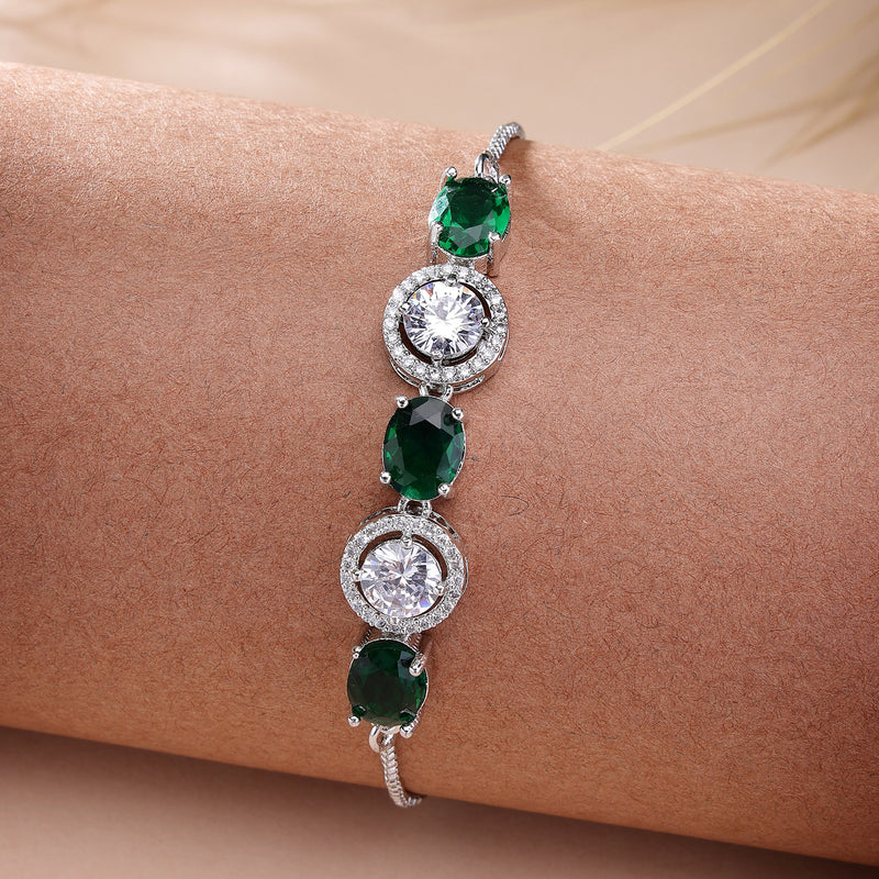 Rhodium Plated Silver Toned White Round & Green Oval AD Studded Wraparound Adjustable Bracelet