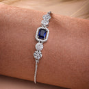 Rhodium Plated Silver Toned Blue Square Centerpiece Ad Studded Bracelet With Beads & Floral Accents  Wraparound Adjustable Bracelet