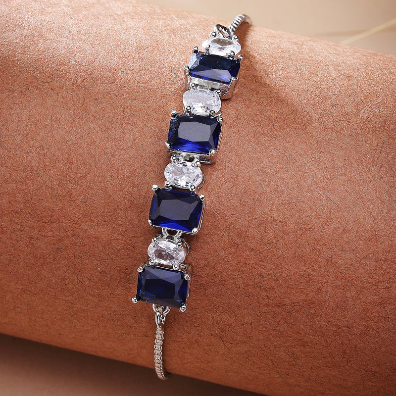 Rhodium Plated Silver Toned White Round & Blue Square Cut Studded Wraparound Adjustable Bracelet