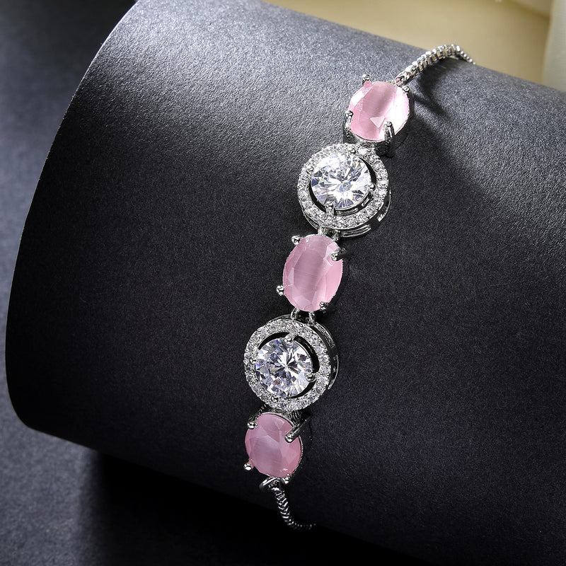Rhodium Plated Silver Toned White Round & Pink Oval American Diamond Studded Wraparound Adjustable Bracelet