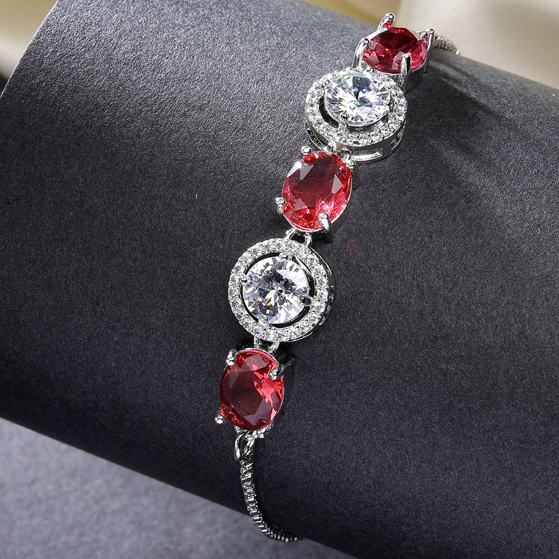 Rhodium Plated Silver Toned White Round & Red Oval AD Studded  Wraparound Adjustable Bracelet