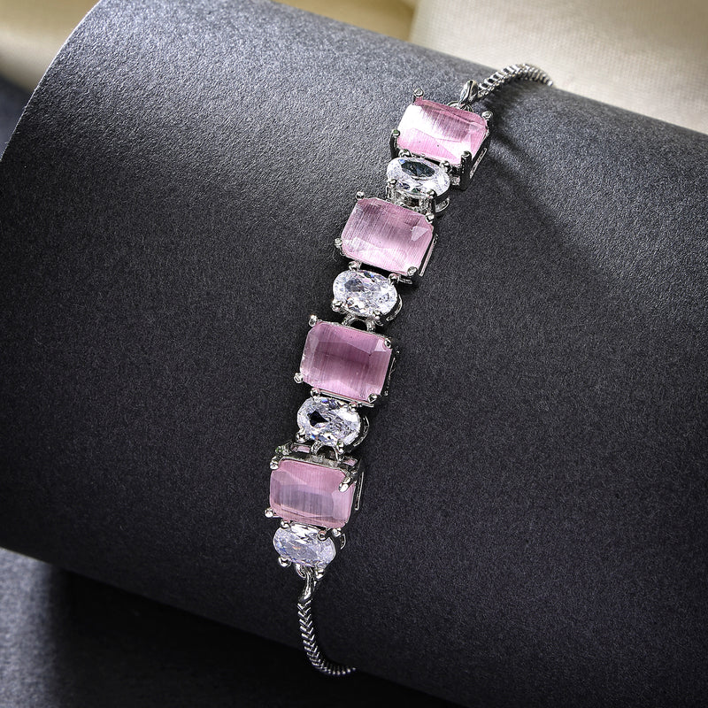 Rhodium Plated Silver Toned White Round & Pink Square Cut AD  Studded  Wraparound Adjustable Bracelet